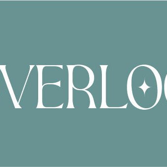 The logo of the brand. The text "THE OVERLOOK shop" in white can be read over a teal background. To the right, there is a drawing of a pair of eyes surrounded by two hands