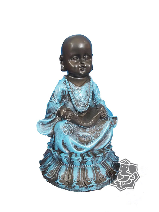 Buddha Monk Figurine Plaster Hand-Painted Sky Blue 21 cm X 13 cm - Buda Monje de Yeso Pintado a Mano Estatuilla Celeste