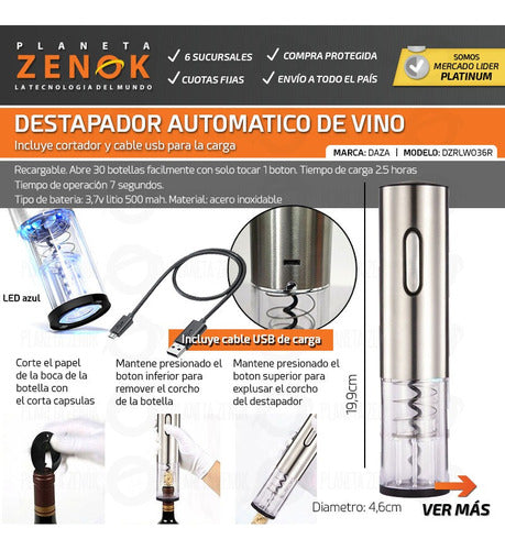 Rechargeable Electric Automatic Corkscrew for Gourmet Cooking - Daza DZRLWO36R 1