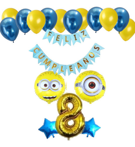 Minions Balloons Set: 2 Balloons + Banner + Large Number + 2 Stars + 12 Latex 7