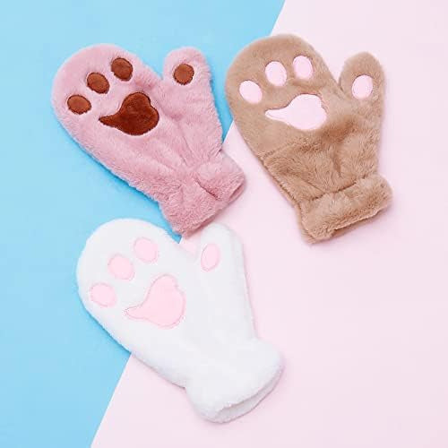 Perktail 3 Pairs of Cat Paw Shaped Gloves, Full Fingered, Plush Bear Paw Shape, Winter Accessories for Women, Teens, and Kids 1