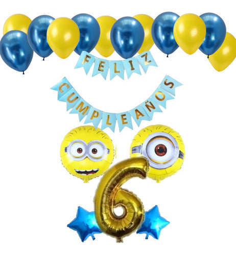 Minions Balloons Set: 2 Balloons + Banner + Large Number + 2 Stars + 12 Latex 5
