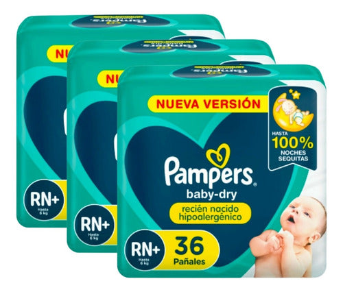 Set of 3 Packs Pampers Baby-Dry Newborn Hypoallergenic Diapers RN+ 36 Units 0