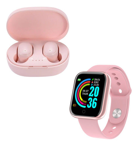 Combo Smartwatch D20 Y68 and Wireless Earbuds A6s Pink 0