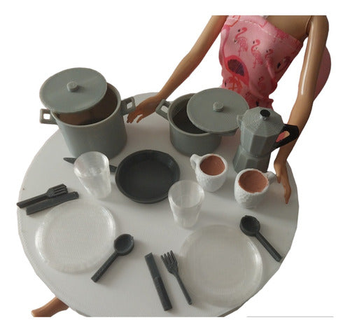 Miniature Cookware Set for Barbie Dollhouses - Pots, Pans, Utensils, Plates, and Cups 0