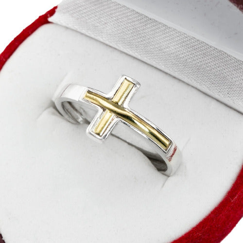 Silver and Gold Horizontal Religious Cross Ring for Women 1