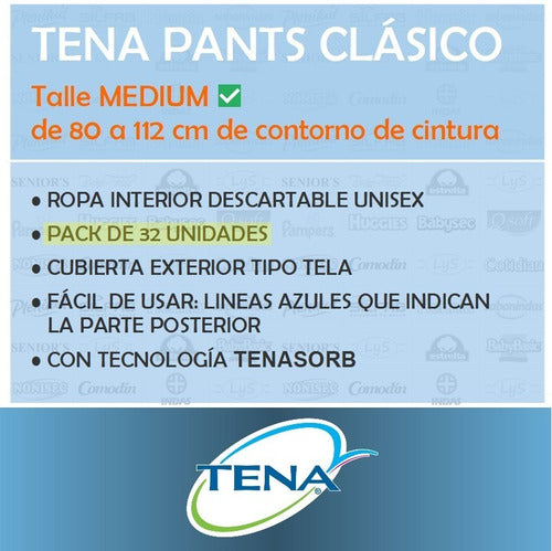 32 Disposable Tena Pants Classic Medium Size 1