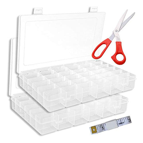 Le Paon Set of 2 Transparent Plastic Organizing Boxes with 36 Grids, Storage Container with Adjustable Dividers for Beads, Crafts, Jewelry, Fishing Tackles with 8-Inch Multi-Purpose Scissors, Soft Ruler 0