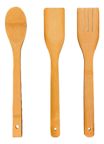3-Piece Bamboo Wood Kitchen Utensils Set - Spoon, Spatula, Fork 0
