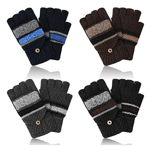 4 Pairs of Convertible Fingerless Knit Winter Gloves for Men and Women 0