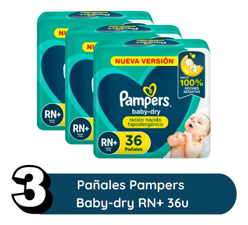 Set of 3 Packs Pampers Baby-Dry Newborn Hypoallergenic Diapers RN+ 36 Units 1