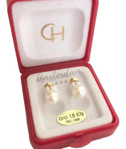 18kt Gold Threaded Hoop Earrings with 7mm Synthetic Pearl Model 207 0