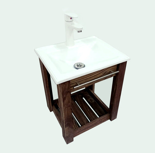 Rustic Pine Wall-mounted Vanity 40cm with Towel Bar + Basin + White Faucet C 0