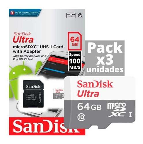 Pack of 3 SanDisk 64GB Micro SD Memory Cards Class 10 with Adapter 1