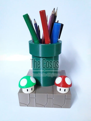 Decorative Super Mario Bros 3D Printed Pencil Holder with 2 Mushrooms 1