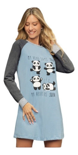 Lencatex Women's Long Sleeve Jersey Nightgown - Pandas #23253 0