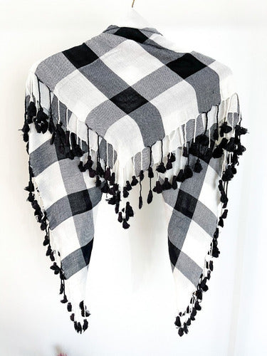 Black and White Checkered Scarf with Pompoms 1