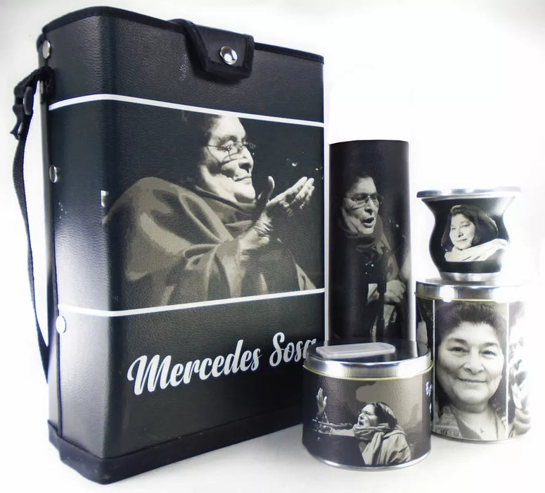 Elegant Mate Set Inspired by Mercedes Sosa with Stylish Bolso, Mate Cup, Yerba Mate Holder, Sugar Bowl, Thermos Cover - Juego De Mate Mercedes Sosa