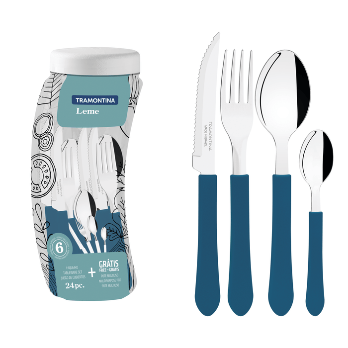 Tramontina Leme 24-Piece Stainless Steel Cutlery Set - Super Comfy Ocean Blue Handles