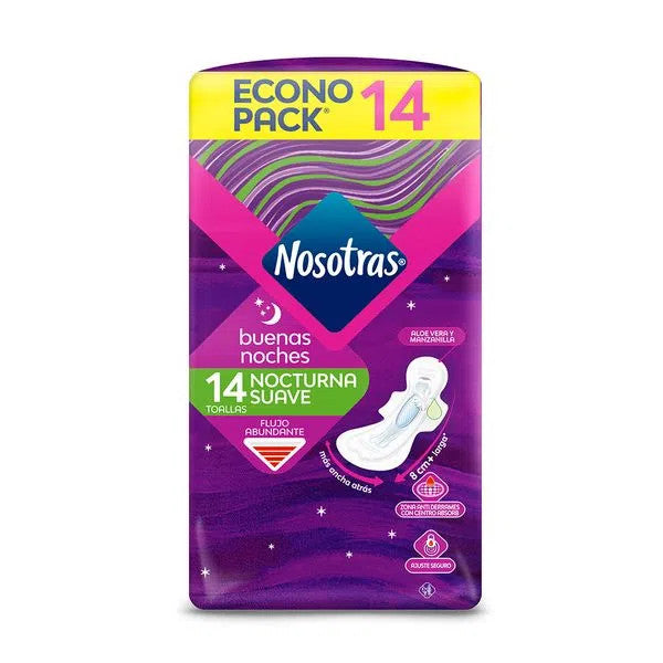 Nosotras Good Night Nighttime Feminine Pads with Soft Fabric Econo Pack Nocturnas (14 count)