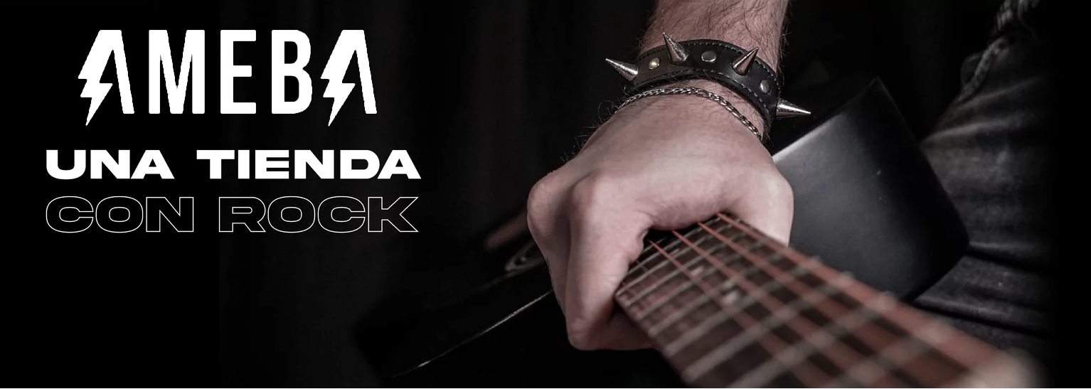 A closeup to a hand holding a guitar. The words "Ameba, una tienda con rock" can be read in the foreground
