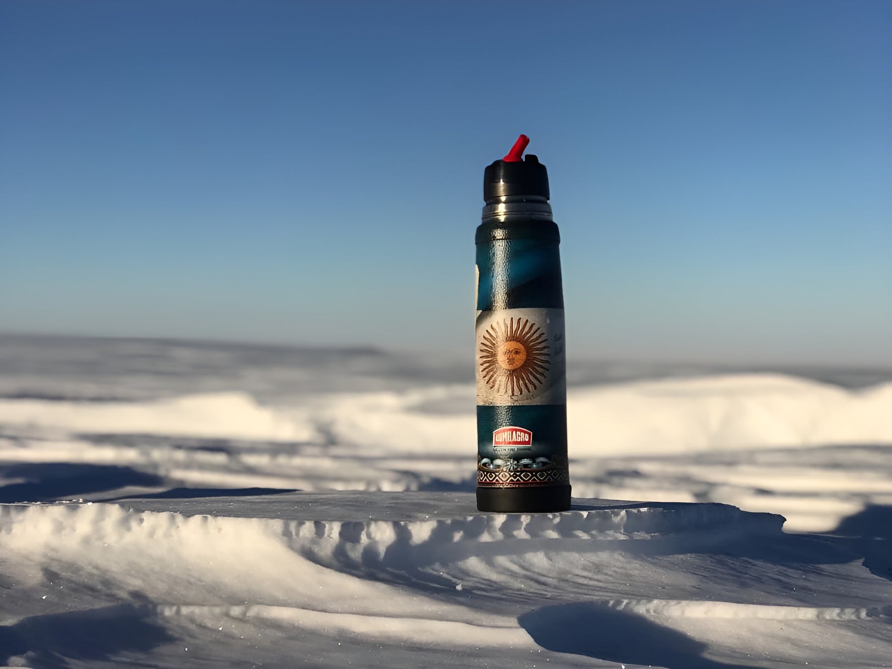 A Lumilagro thermo bottle on a field covered of snow
