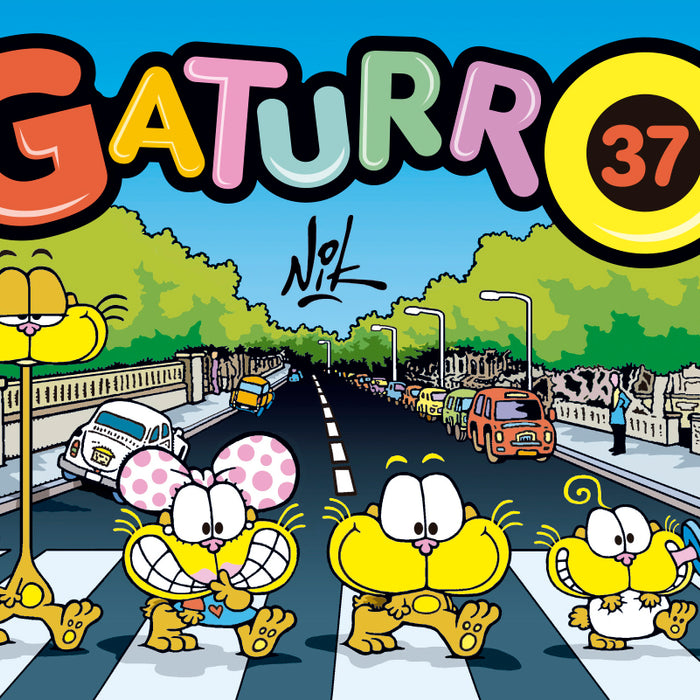 the cover of a Gaturro comic strip: the character (an orange cat) walking in a lane like the Beatles, alongside his friends.