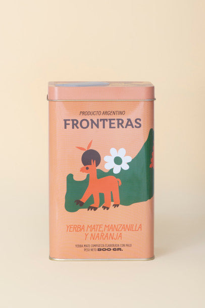 Fronteras Yerba Mate Can with Chamomile & Orange, Manzanilla & Naranja Can with Guanaco Design, 500 g / 1.1 lb