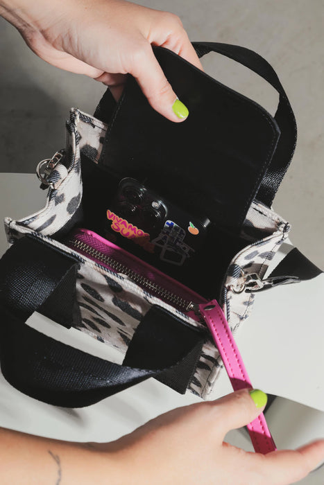 Ruggeri Bags | Woven Canvas Mini Vita Animal Print Bag with Nickel Carabiners & Adjustable Straps