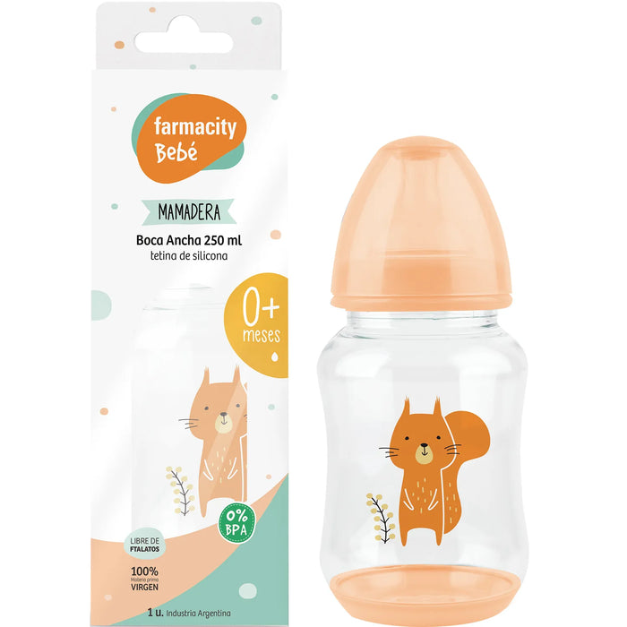 Farmacity | Mamadera Silicone Baby Bottle, Wide Mouth 0+ Months - 250 ml | BPA-Free, Easy Feed