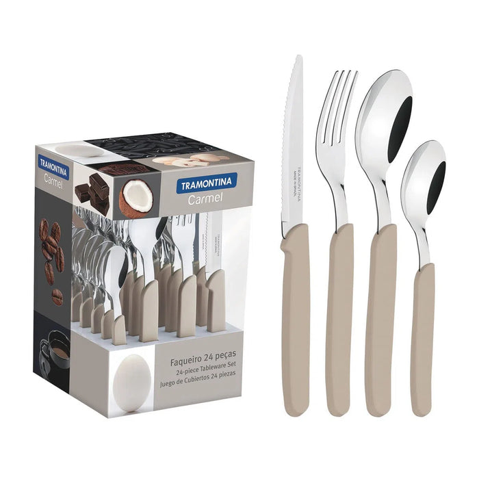 Tramontina Cubiertos 24-Piece Stainless Steel Cutlery Set with Natural Polypropylene Handles - Elegant Dining Essentials