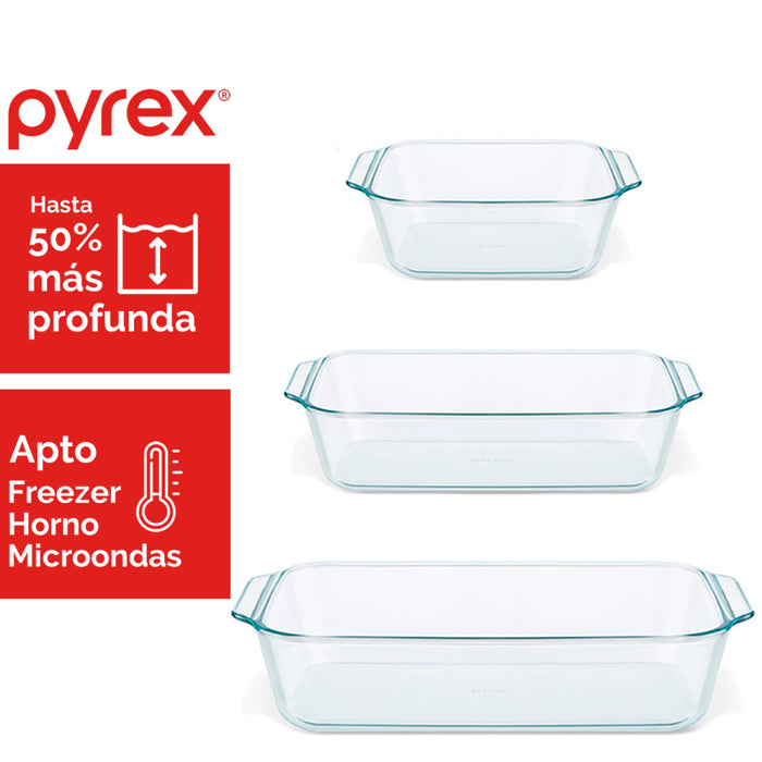 Pyrex Set de Fuentes de Vidrio - Deep Glass Set of 3: Versatile Cooking & Serving Dishes - Essential Kitchenware