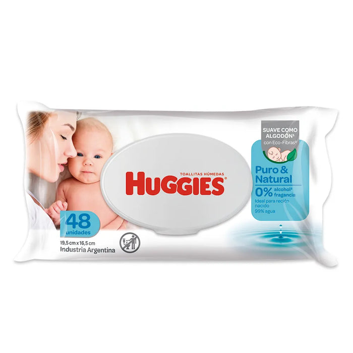 Huggies | Toallitas Húmedas Pure & Natural Wet Wipes x 48 Units - Gentle Cleansing, Organic Feel