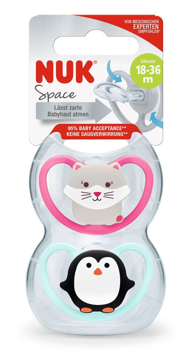 NUK | Chupete Space T3 Pacifier Set - Cat & Penguin Designs, 2 Count for Happy Babies, 6-18M