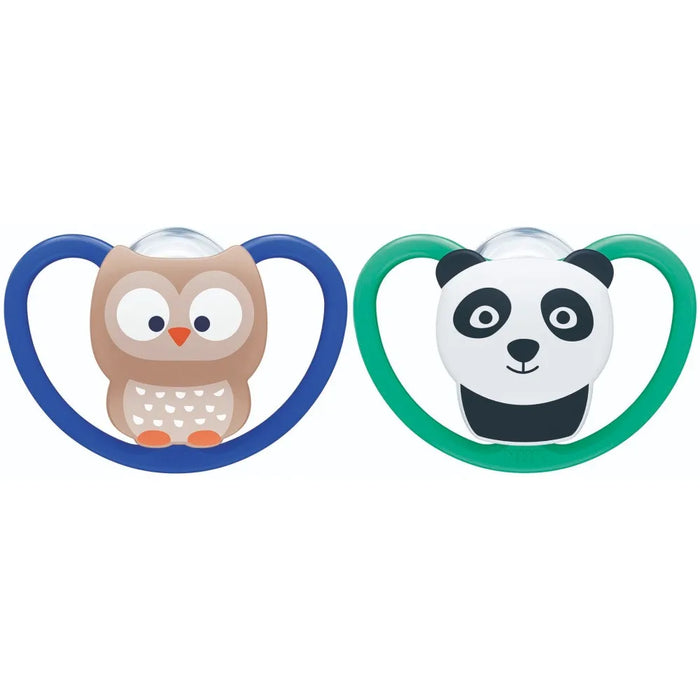 NUK| Chupete Space T Pacifier Set - Cute Owl & Panda Designs, 6-18M, 2 Count for Happy Babies
