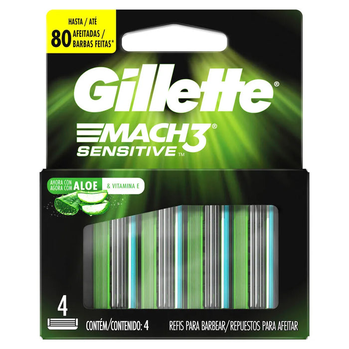 Gillette Mach3 Sensitive Razor Refills - Pack of 4, Aloe-Infused Precision Shaving
