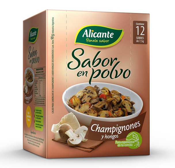 Alicante Sabor En Polvo Champignones y Hongos Champignon Flavored Powder Ready To Use Seasoning Broth, 7.5 g / 0.26 oz ea (box of 12 pouches)