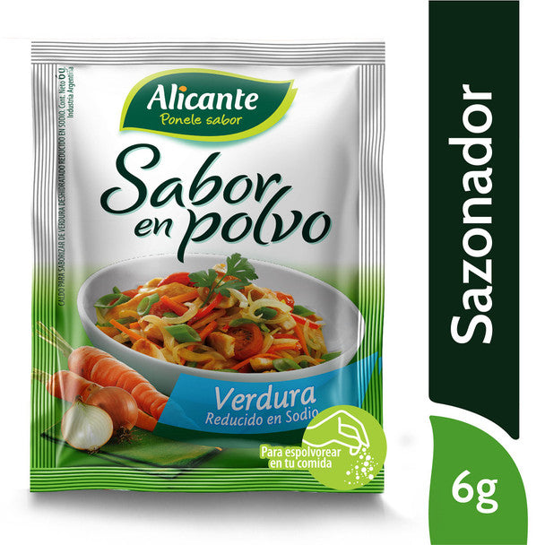 Alicante Sabor En Polvo Verdura Vegetable Flavored Powder Ready To Use Seasoning Broth - Reduced Sodium, 7.5 g / 0.26 oz ea (box of 12 pouches)