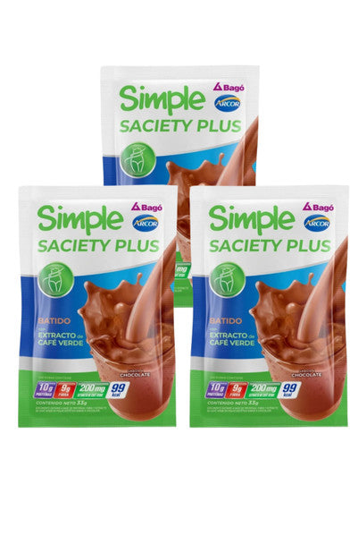 Arcor Simple Saciety Plus Suplemento Alimentar em Pó Proteína, Fibra e Extrato de Café Verde Sabor Chocolate, 33 g / 1,16 oz bolsa (pacote com 3) 