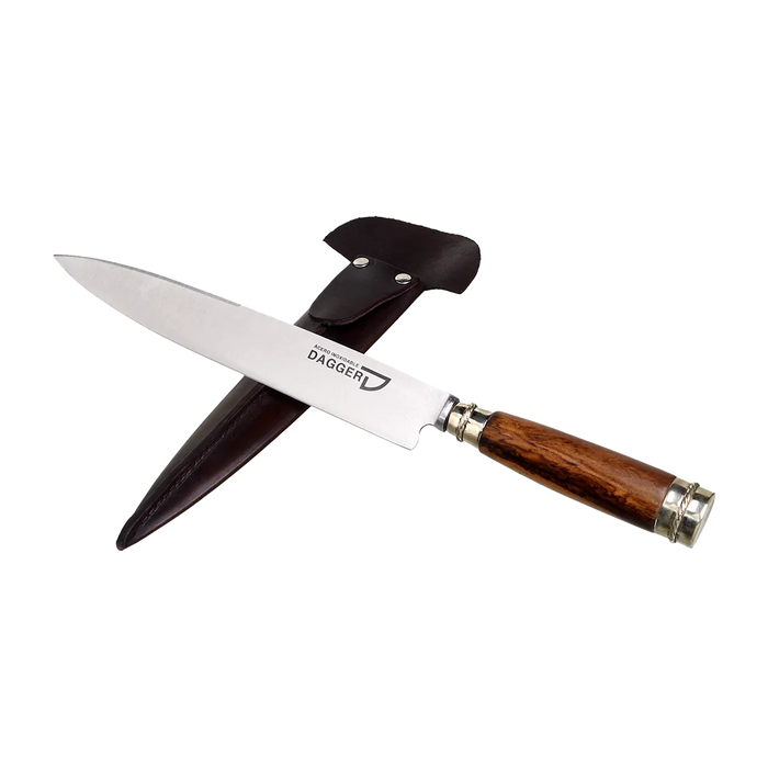 Artisanal Argentine Knife - Stainless Steel, 20 cm / 7.87" | Wooden Handle & Double Alpaca Virola | Inspired by Argentina's Heritage | Includes leather scabbard