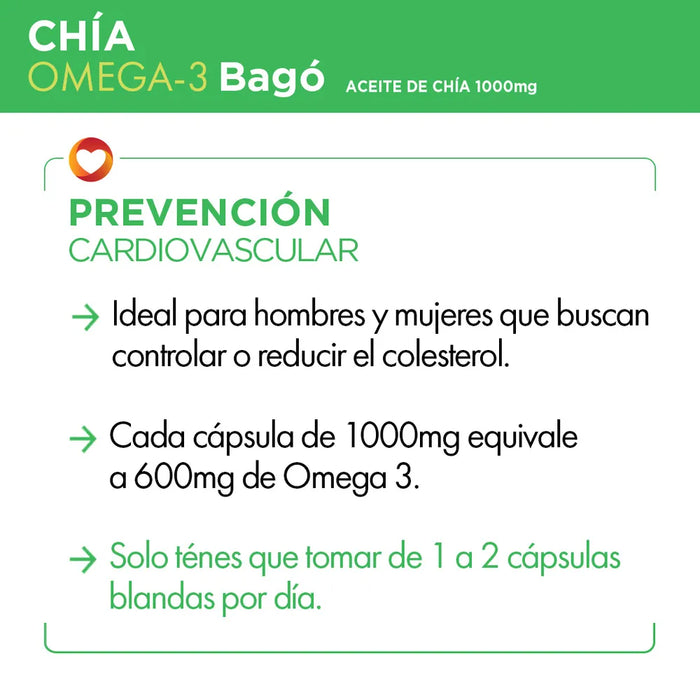 Bagó | Chia Oil Dietary Supplement - 1000mg x 30 Caps, Made with Chia and Omega-3