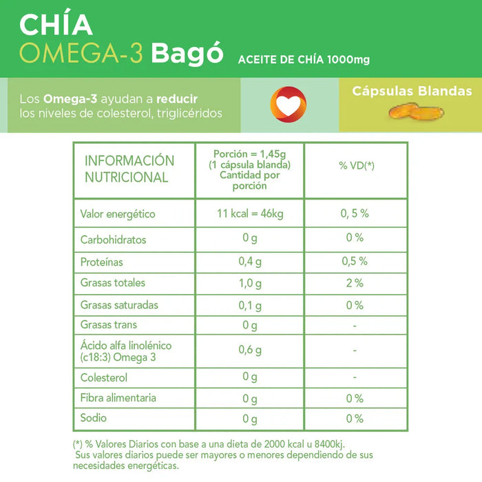 Bagó | Chia Oil Dietary Supplement - 1000mg x 60 Caps, Made with Chia and Omega-3
