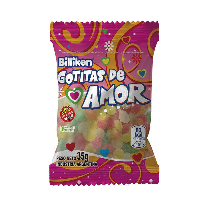 Billiken Gotitas De Amor Hard Candy Assorted Flavors Strawberry, Lemon, Orange, Cherry & Pineapple, 35 g / 1.23 oz (box of 12)
