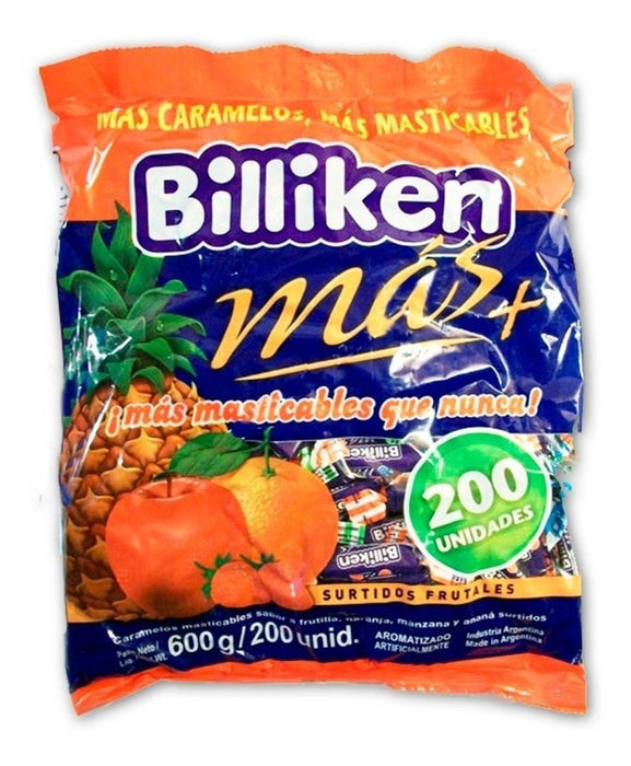 Billiken Más Caramelos Masticables Soft Candies Assorted Fruit Flavors, 600 g / 21.16 oz / 200 u