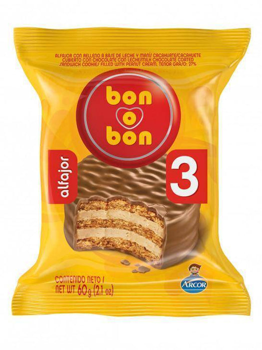 Bon O Bon Alfajor Triplo com Manteiga de Amendoim e Chocolate ao Leite, 60 g / 2,1 oz (pacote com 6) 