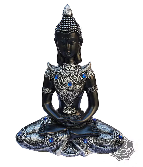 Estatua Decorativa de Buda Azul y Plateado de 28cm x 18cm Hecha a Mano - Buda Decorativo Diseño Exclusivo Hecho a Mano Yeso Estatuilla Plateado Azul