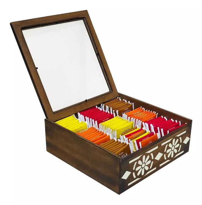 Caja de Té Wooden Tea Box with 9 Compartments and Glass Lid - Quality Storage for Organic Tea Bliss!