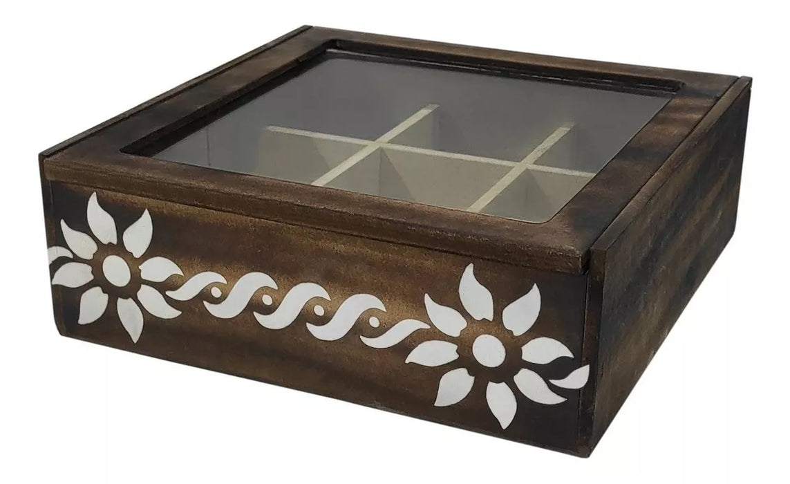 Caja de Té Wooden Tea Box with 9 Compartments and Glass Lid - Quality Storage for Organic Tea Bliss!