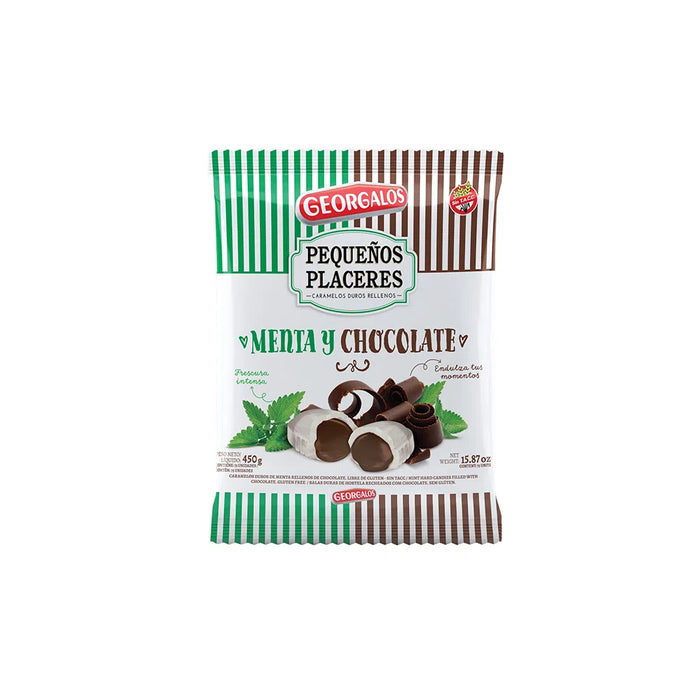 Caramelos Georgalos Pequeños Placeres Rebuçados recheados com chocolate e menta, saco de 450 g / 15,9 onças 