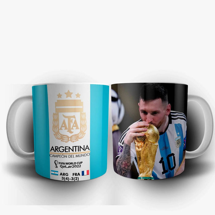 Ceramic Cup Mug Taza de Ceramica Campeones del Mundo Qatar 2022 Diseño "Lionel Messi Kisses World Cup" Champions World Cup, Printed On Both Sides